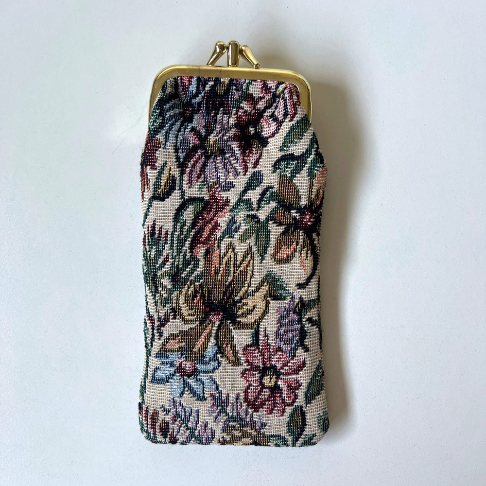 Vintage Floral Tapestry Eyeglass Case Coin Purse Gold Kiss Lock Made in China